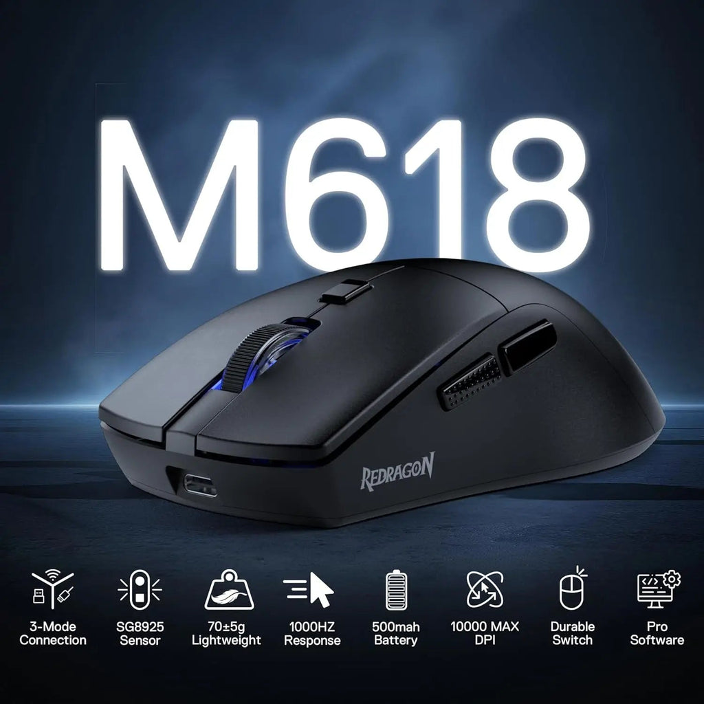 Redragon M618 LIT Wireless Gaming Mouse, 10000 DPI Optical Ergonomic Mouse with 6 Programmable Buttons - Onestopdealershop