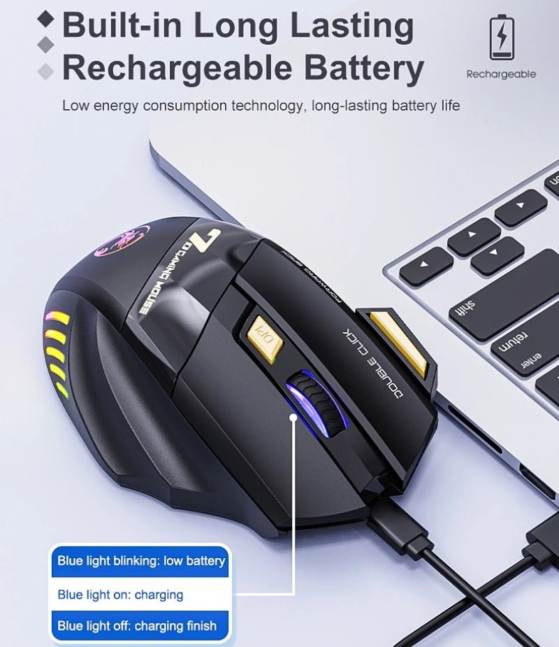 Wireless Gaming Mouse 2.4G Bluetooth Dual Mode 7 Keys 3200 DPI Regulation Mice with Muted Click RGB Lighting Recharge USB GWX7 - Onestopdealershop