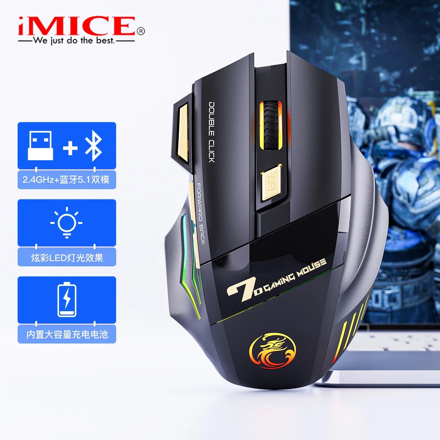 Wireless Gaming Mouse 2.4G Bluetooth Dual Mode 7 Keys 3200 DPI Regulation Mice with Muted Click RGB Lighting Recharge USB GWX7 - Onestopdealershop