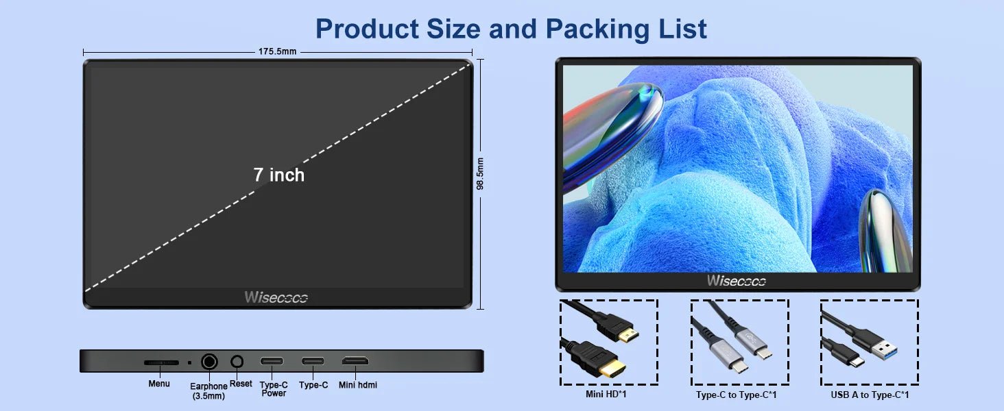 Wisecoco 7 Inch Portable Touch Monitor 120Hz Gaming Laptop IPS LCD 1920x1080 FHD Display for PC Raspberry Pi XBox Switch - Onestopdealershop
