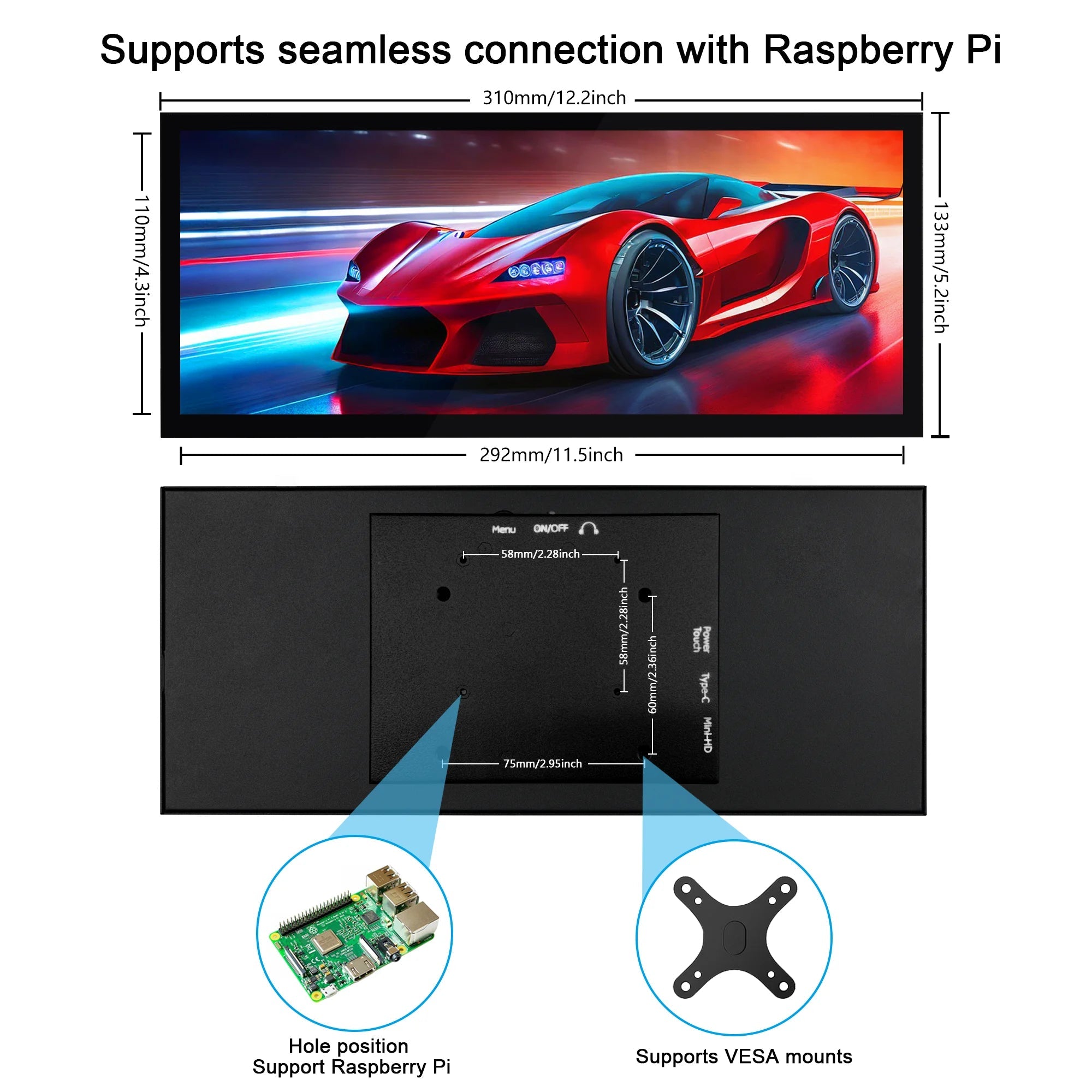 Wisecoco12.3/11.3'' 1920x720 Touch Portable Monitor Stretched Bar Screen HDMI Gaming Monitor for PC Laptop Raspberry Pi 5/4/3 - Onestopdealershop