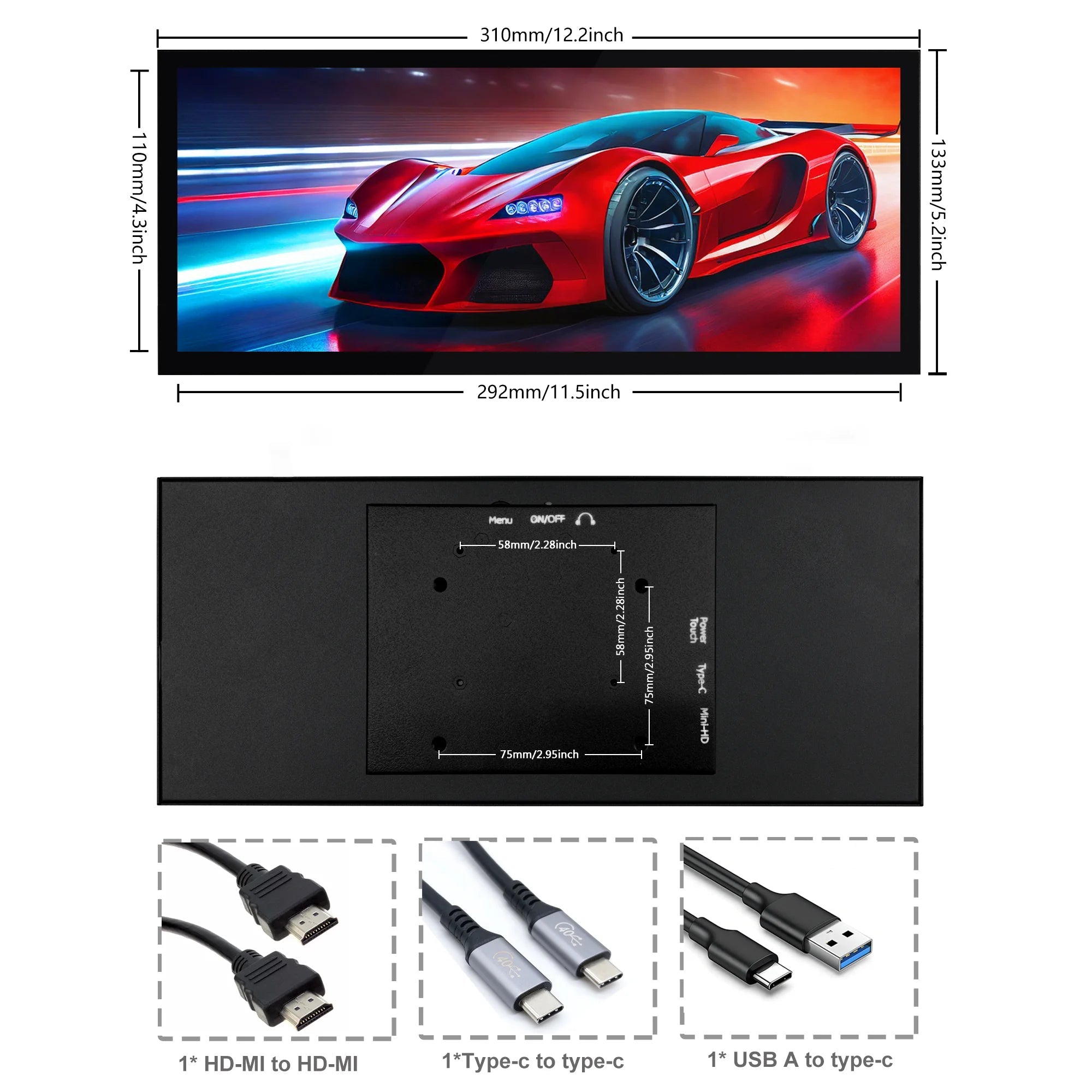 Wisecoco12.3/11.3'' 1920x720 Touch Portable Monitor Stretched Bar Screen HDMI Gaming Monitor for PC Laptop Raspberry Pi 5/4/3 - Onestopdealershop