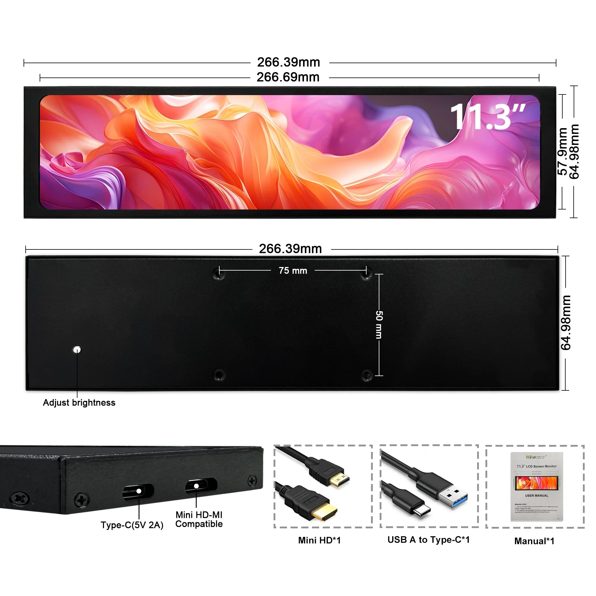 Wisecoco12.3/11.3'' 1920x720 Touch Portable Monitor Stretched Bar Screen HDMI Gaming Monitor for PC Laptop Raspberry Pi 5/4/3 - Onestopdealershop